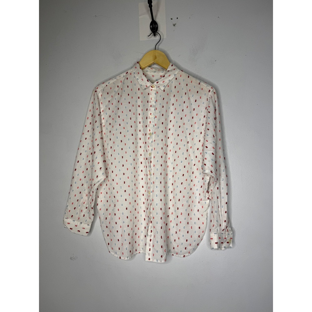 LOFT Petites White Textured Red Blue Dot Button Down Shirt MP Cotton Long Sleeve